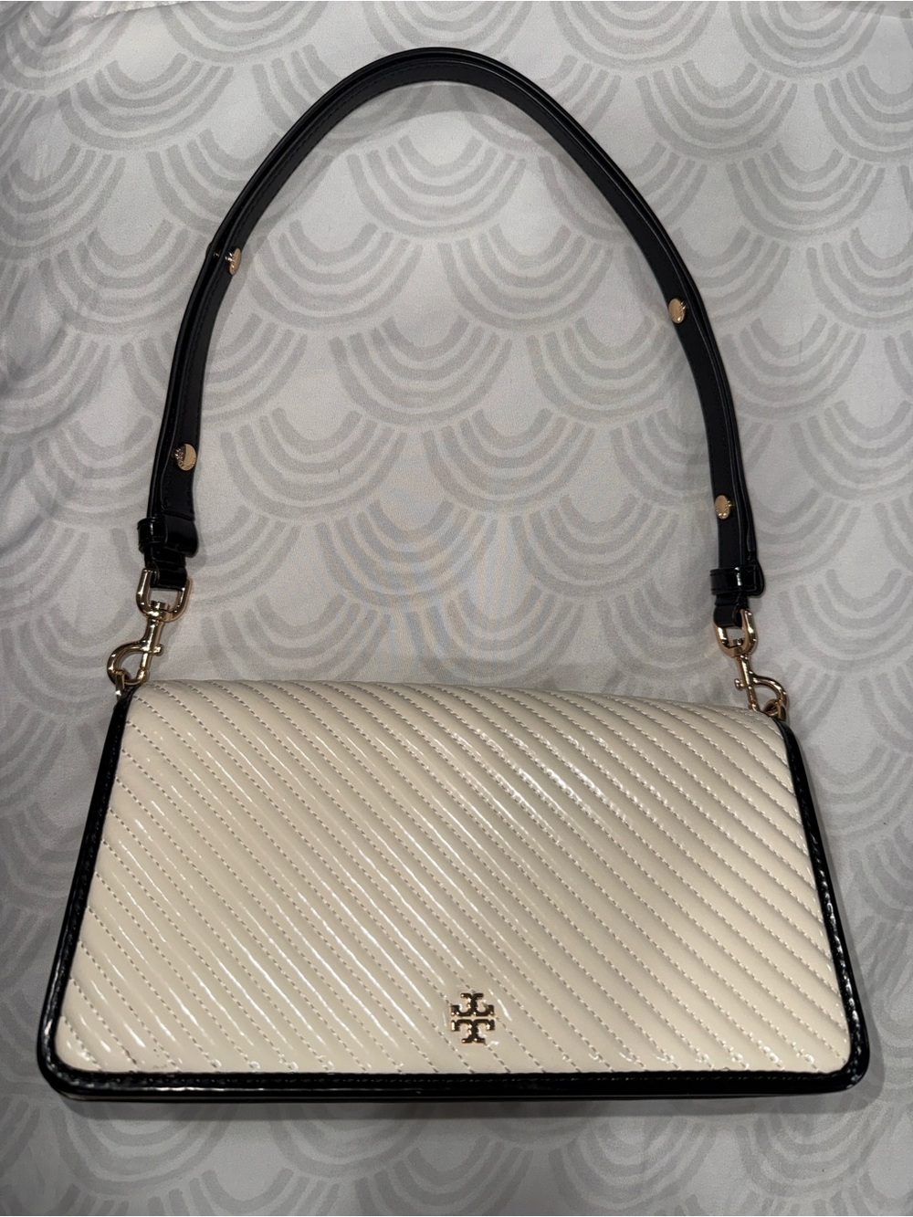 Tory Burch Cream Quilted Shoulder Bag with Black Trim and Gold Hardware